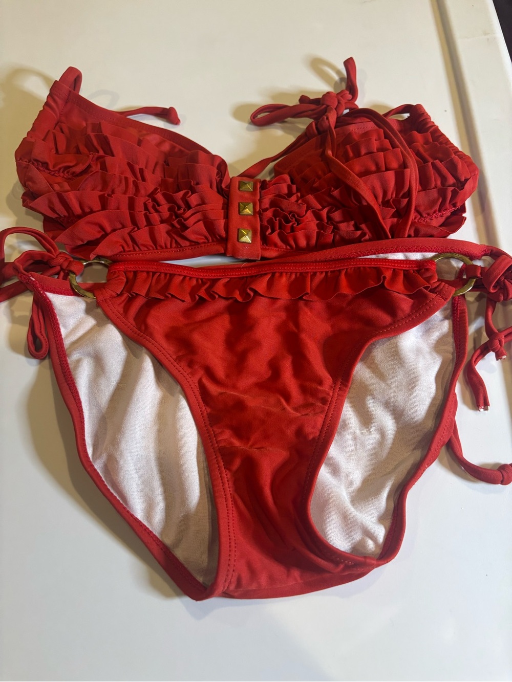 Red Ruffle Tie-Side Bikini Set - Women Swim Bikinis